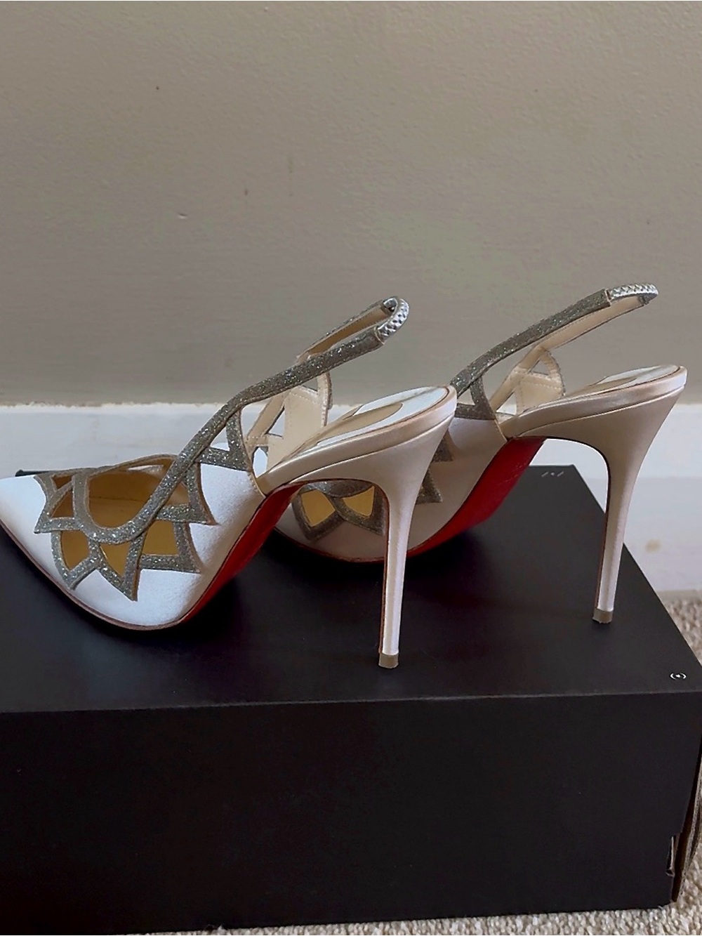 Christian Louboutin White and Silver Slingback Stiletto Heels with Red Soles